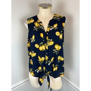 ROZ & ALI Sleeveless Navy & Yellow Lemons Top Gold Button Front | Size Medium